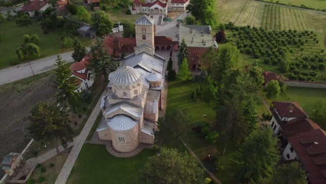 Medieval complex with Zica monastery from the air shot by drone and edited with minimal color correction.