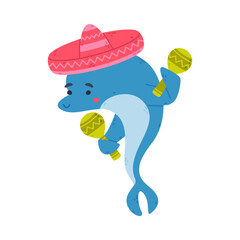 Cute dolphin dressed sombrero hat playing maracas. Funny dolphinfish performing in dolphinarium cartoon vector illustration