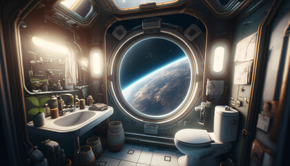 Dining room in Space station with a view into space - Space wallpaper - Generative AI