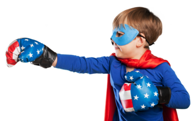 Cute child in superhero costume wearing boxing gloves