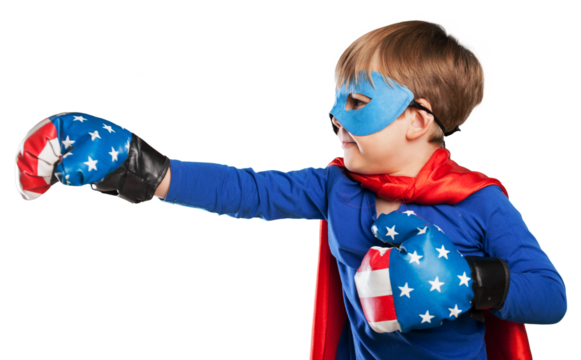 Cute child in superhero costume wearing boxing gloves - Powered by Adobe
