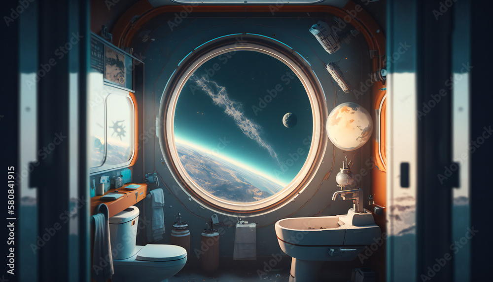 Canvas Prints bathroom in space station with a view into space - space wallpaper - generative ai