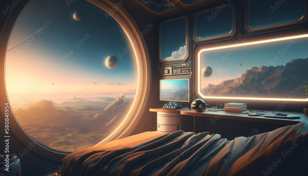 Canvas Prints bedroom in space station with a view into space - space wallpaper - generative ai