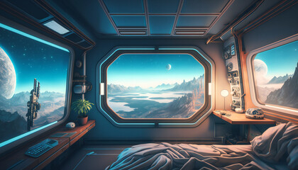 Bedroom in Space station with a view into space - Space wallpaper - Generative AI