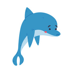 Cute friendly blue dolphin happily jumping cartoon vector illustration