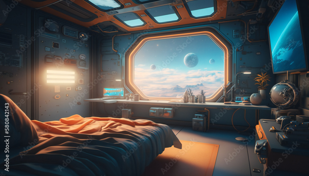 Canvas Prints bedroom in space station with a view into space - space wallpaper - generative ai