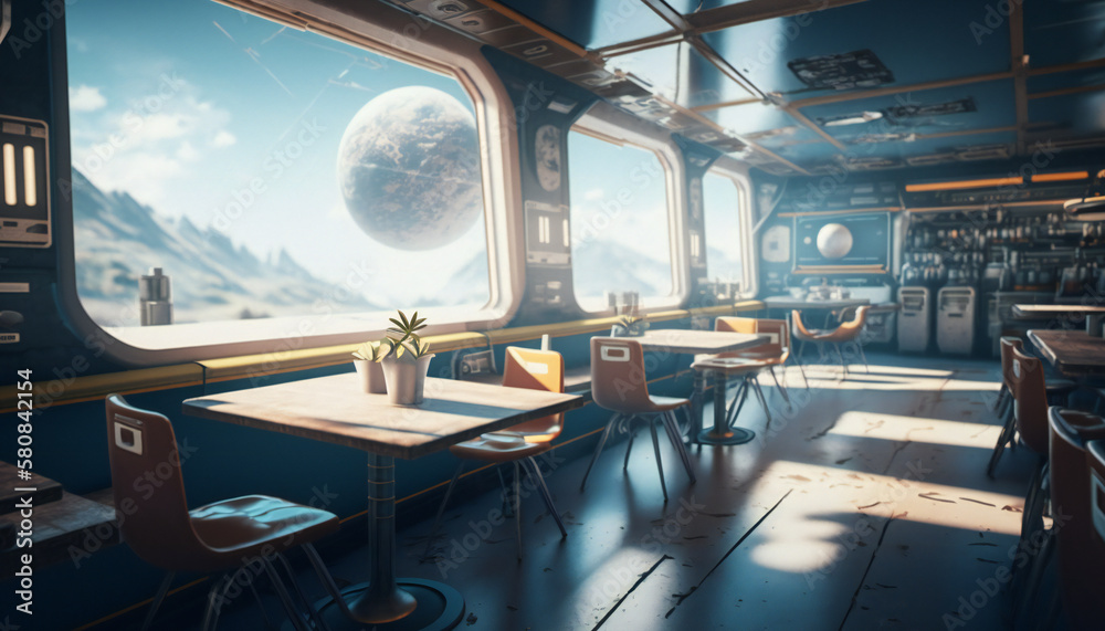 Wall mural canteen in space station with a view into space - space wallpaper - generative ai