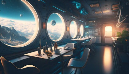 Canteen in Space station with a view into space - Space wallpaper - Generative AI - obrazy, fototapety, plakaty
