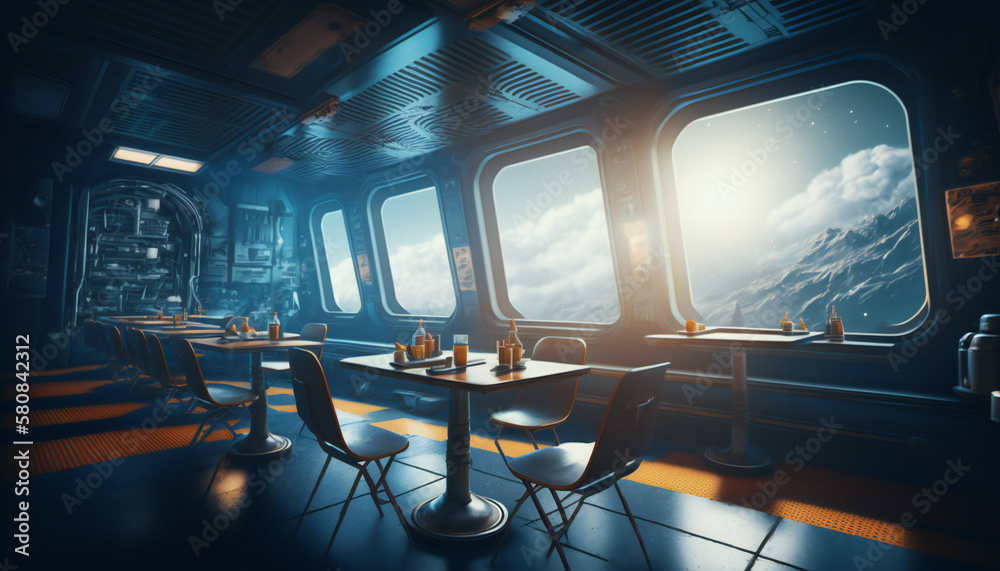Canvas Prints canteen in space station with a view into space - space wallpaper - generative ai