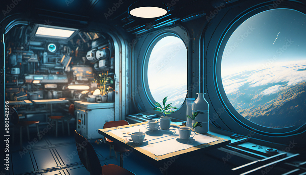 Wall mural canteen in space station with a view into space - space wallpaper - generative ai