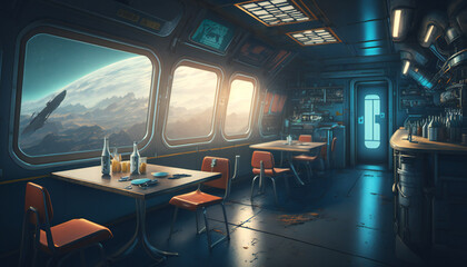 Canteen in Space station with a view into space - Space wallpaper - Generative AI