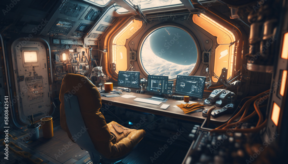 Wall mural office in space station with a view into space - space wallpaper - generative ai