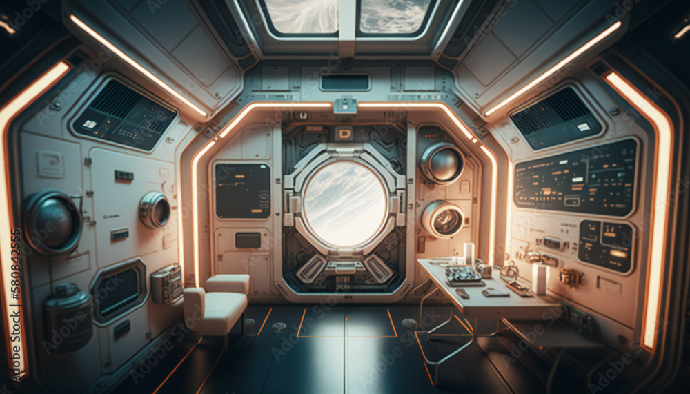 Canvas Prints dining room in space station with a view into space - space wallpaper - generative ai
