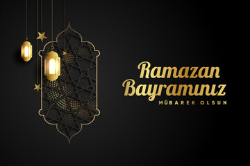 Islamic greetings ramadan kareem card design background with lanterns and crescent moon. (Translation: Ramazan bayramınız mubarek olsun.)