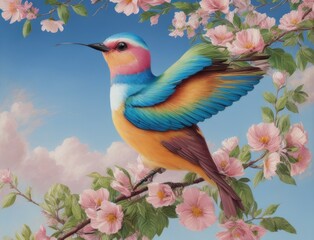 Colorful hummingbird on top of beautiful flowers. AI generated, human enhanced. Background