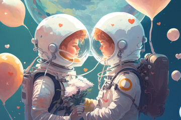 A couple of astronauts in love on a date on Valentine's Day in space. The concept of endless love. AI generated