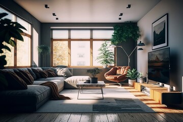 Illustration of modern living room. AI generated.