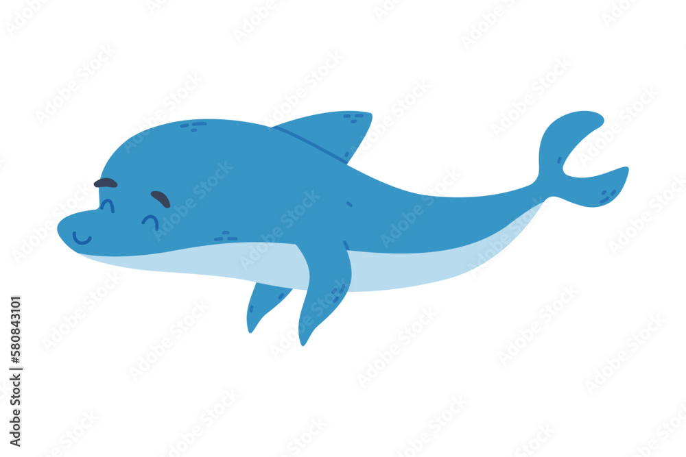 Poster cute friendly blue dolphin swimming cartoon vector illustration