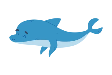 Tuinposter Cute friendly blue dolphin swimming cartoon vector illustration © topvectors
