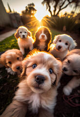 A pack of puppies take a selfie. AI Generated - obrazy, fototapety, plakaty