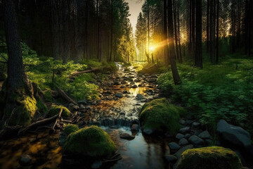 a small river flowing through a green forest early in the morning with sunrise. Generative AI