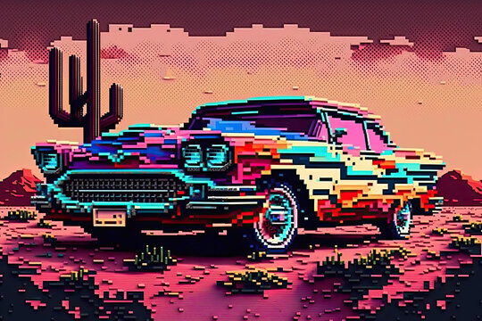 colorful pixel image of an old american car in the desert. Generative AI