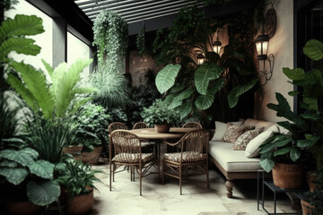 Fototapeta na wymiar many beautiful indoor plants on a covered terrace. Generative AI