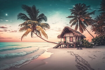 a small shack on the beach with palm trees in the caribbean. Generative AI
