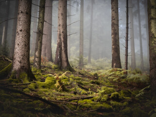 A dark mossy foggy forest view 1 - 580844506