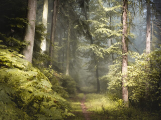 A track through a foggy fairy tail forest 2 - 580844569