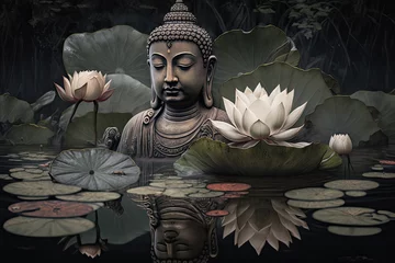 Deurstickers buddha statue in the water between lotus flowers. Generative AI © jr-art