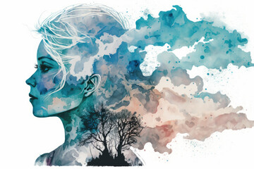 double exposure of a young woman with nature. Generative AI