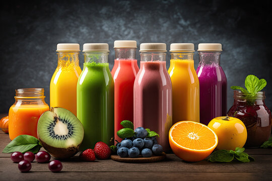 colorful tasty smoothies with fruits in the foreground. healthy lifestyle concept. Generative AI