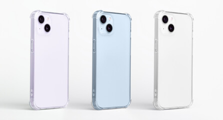 Set of three iPhone 14 in purple, blue and white colors in clear transparent soft silicone case...
