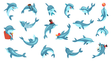Fototapeta premium Cute dolphin characters set. Funny happy underwater fauna mammal performing tricks cartoon vector illustration