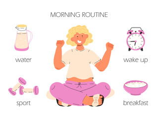 Morning routine day tips infographic vector. Waking up, having breakfast in the morning, gfitness.