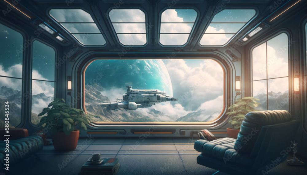 Wall mural office in space station with a view into space - space wallpaper - generative ai