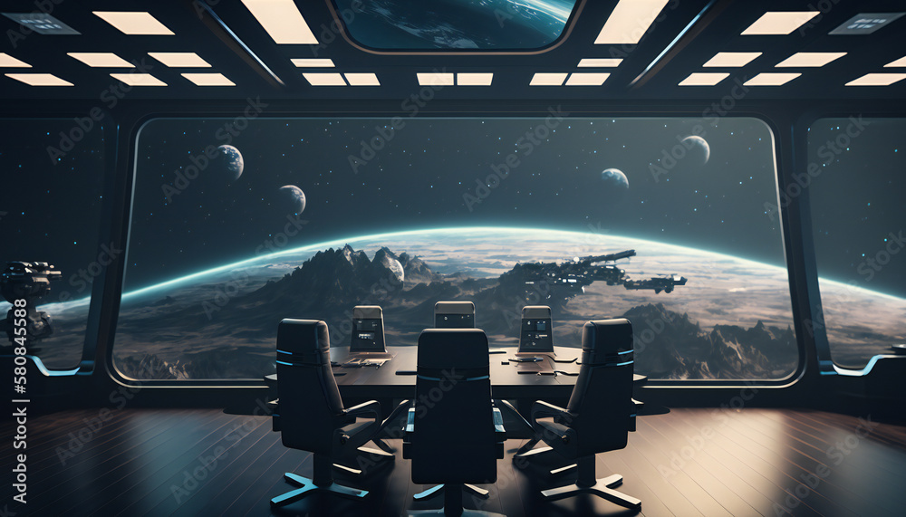Canvas Prints meeting room in space station with a view into space - space wallpaper - generative ai