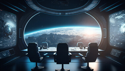Meeting room in Space station with a view into space  - Space wallpaper - Generative AI - obrazy, fototapety, plakaty