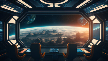 Fototapeta premium Meeting room in Space station with a view into space - Space wallpaper - Generative AI