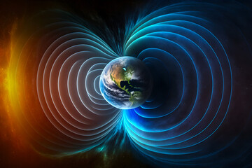 Earth's magnetic field Magnetosphere, lines of magnetic induction in outer space in orbit. Radiance in the ionosphere. Generative AI - obrazy, fototapety, plakaty