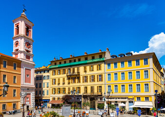Palais Rusca Palace and Tour de l'Horloge clock tower at Place du Palais de Justice Palace square in historic Vieux Vieille Ville old town of Nice in France