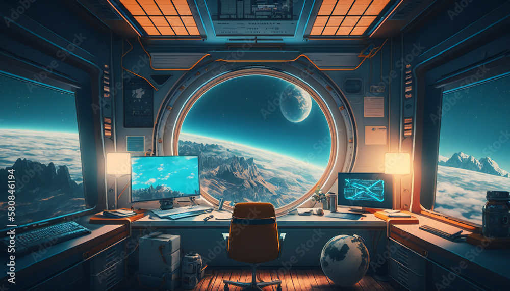 Wall mural office in space station with a view into space - space wallpaper - generative ai