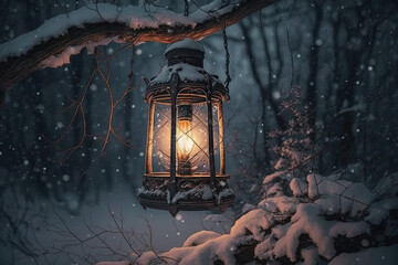 Lantern hanging on a tree in the woods. Snow in the forest, generative artificial intelligence 