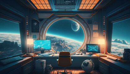 Office in Space station with a view into space  - Space wallpaper - Generative AI