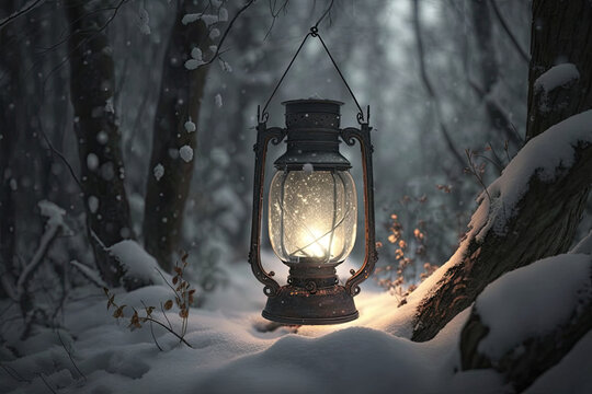 Lantern hanging on a tree in the woods. Snow in the forest, generative artificial intelligence 
