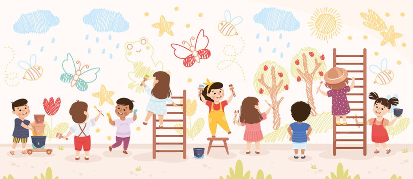 Cute Children Drawing on the Wall with Paint Brush Vector Illustration