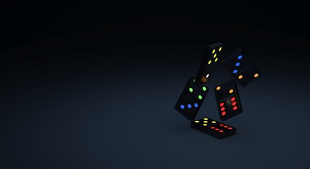 Domino, falling domino pieces, domino with neon marking, casino background (3d illustration)
