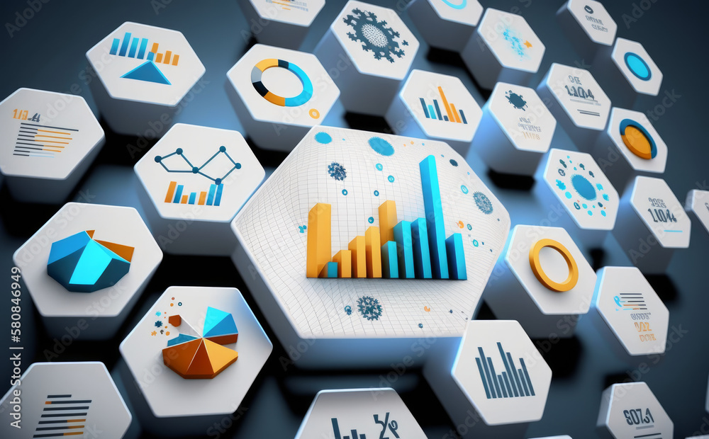 Poster with graph & chart icons on 3d hexagonal grid, abstract picture of kpi, metrics, information dashboa