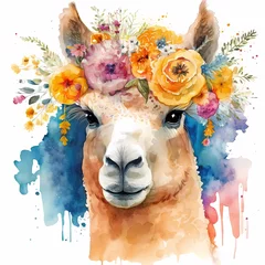 Foto auf Alu-Dibond Watercolor cute alpaca in flowers wreath painting. Realistic wild animal illustration. Created with Generative AI technology. © Iryna